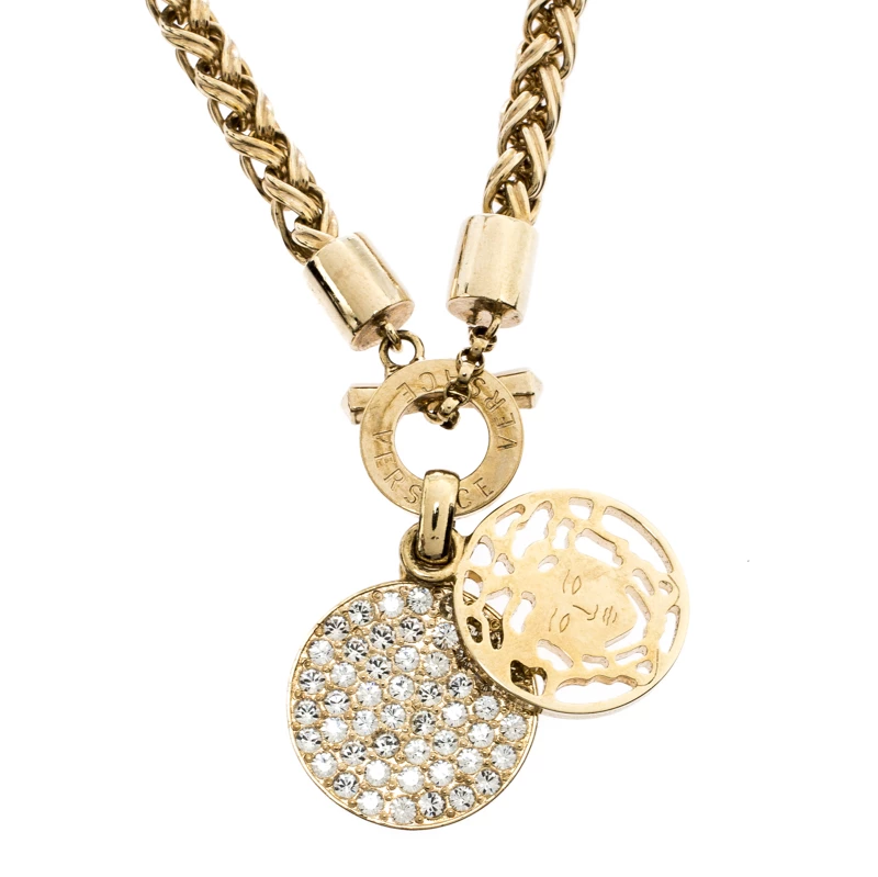 Versace Gold Tone Crystal And Medusa Charm Woven Chain Toggle Necklace For Women - Image 4