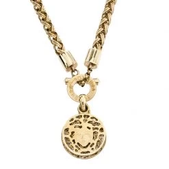 Versace Gold Tone Crystal And Medusa Charm Woven Chain Toggle Necklace For Women