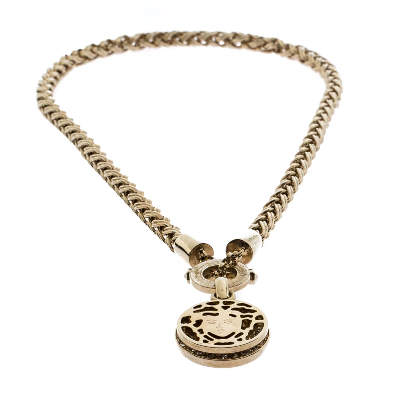 Versace Gold Tone Crystal And Medusa Charm Woven Chain Toggle Necklace For Women - Image 3