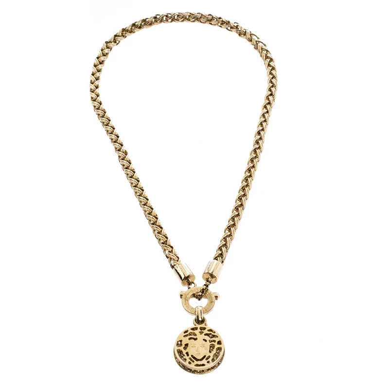 Versace Gold Tone Crystal And Medusa Charm Woven Chain Toggle Necklace For Women - Image 2