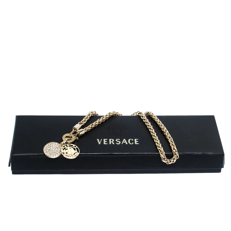 Versace Gold Tone Crystal And Medusa Charm Woven Chain Toggle Necklace For Women - Image 6