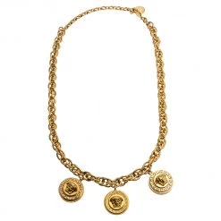 Versace Yellow Gold Tone Crystal Medusa Charm Necklace For Women