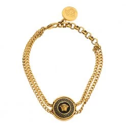 Versace Medusa Enamel Gold Tone Round Charm Chain Bracelet For Women