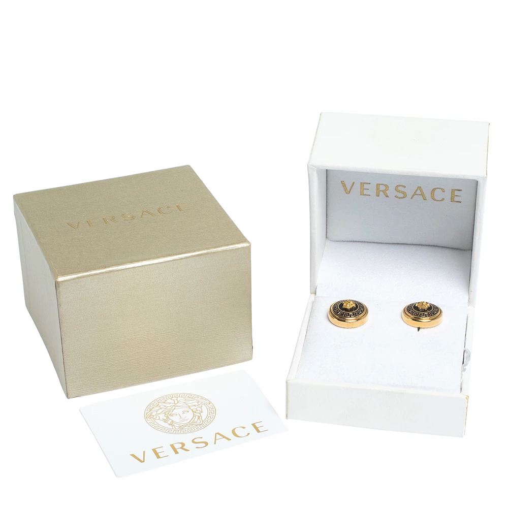 Versace Medusa Black Enamel Gold Tone Round Stud Earrings For Women - Image 5