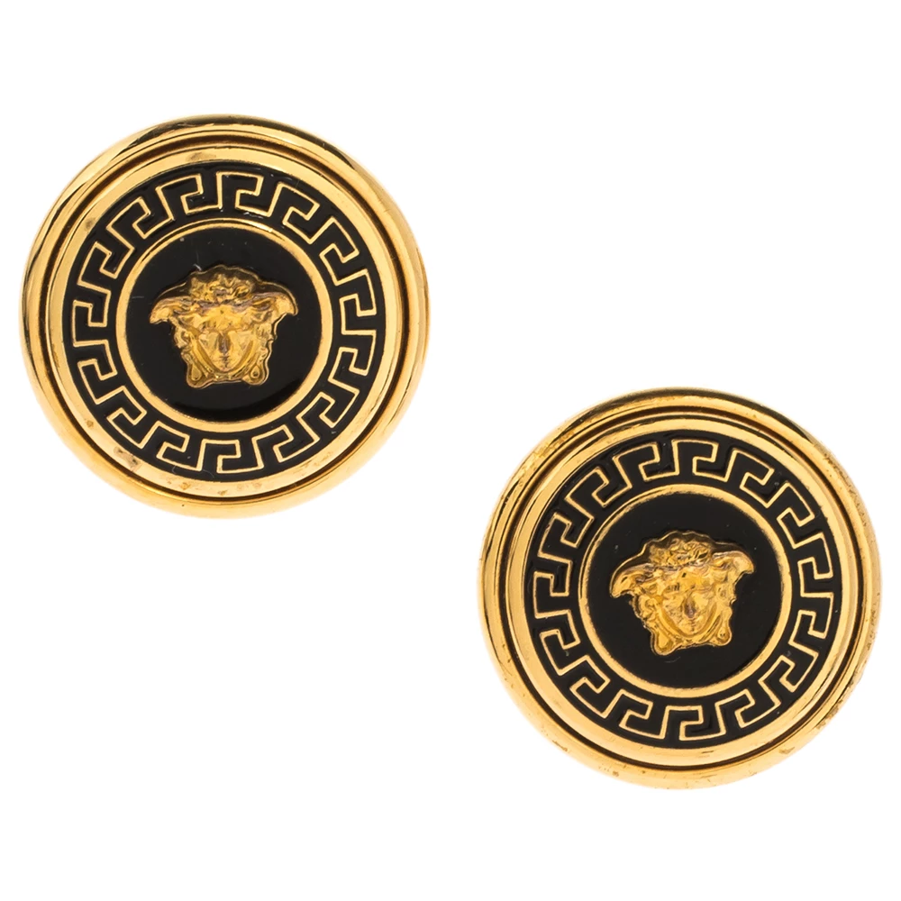 Versace Medusa Black Enamel Gold Tone Round Stud Earrings For Women - Image 3
