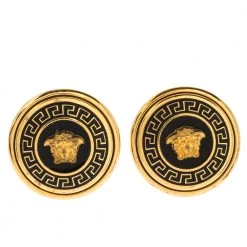 Versace Medusa Black Enamel Gold Tone Round Stud Earrings For Women