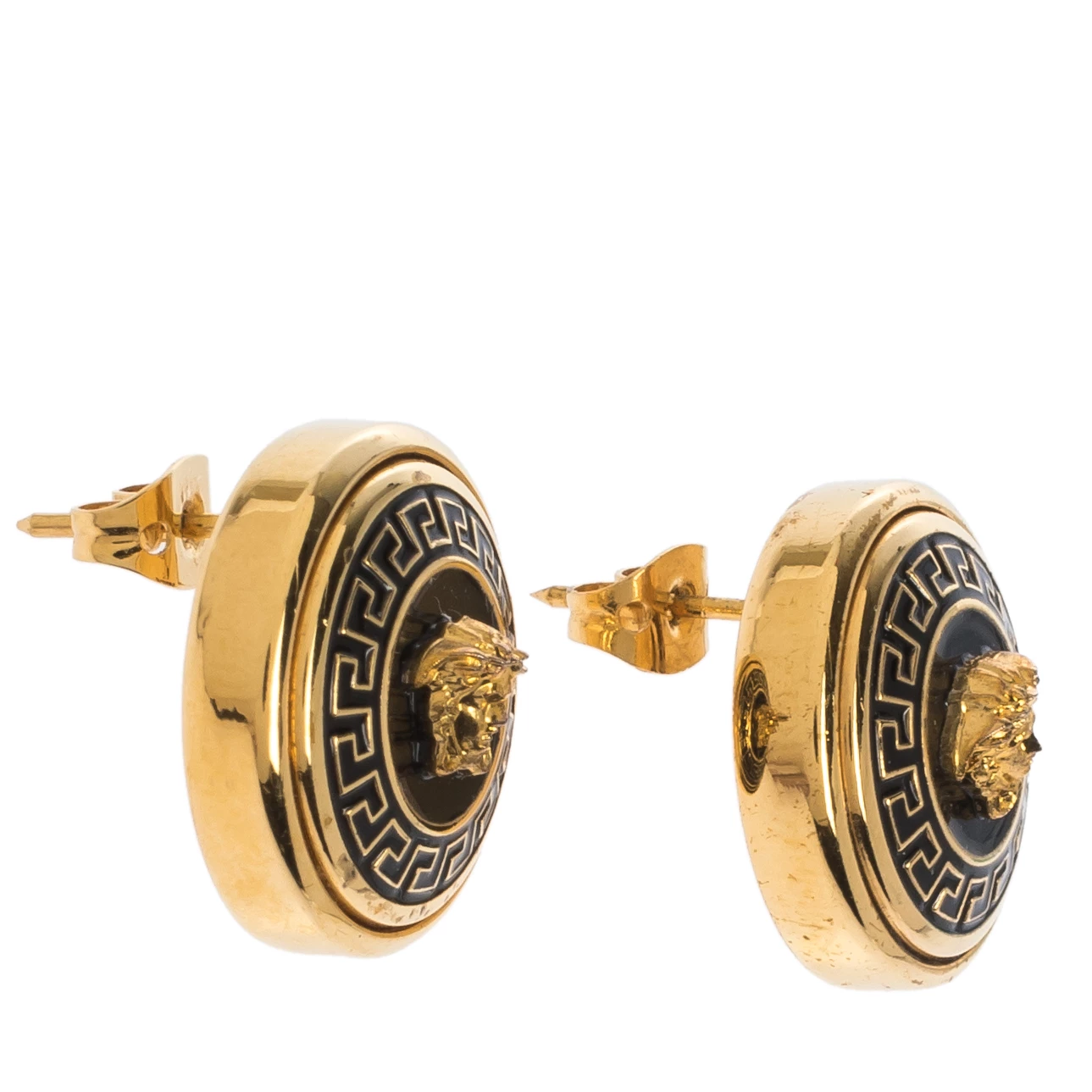 Versace Medusa Black Enamel Gold Tone Round Stud Earrings For Women - Image 2
