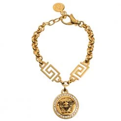 Versace Crystal Medusa Medallion Greca Gold Tone Chain Bracelet For Women