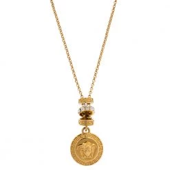 Versace Gold Tone Crystal Tiered Medusa Pendant Adjustable Necklace For Women
