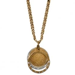 Versace Gold Tone Crystal Triple Halo Medusa Pendant Necklace For Women