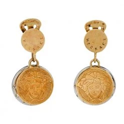 Versace Two Tone Crystal Halo Medusa Drop Clip On Earrings For Women