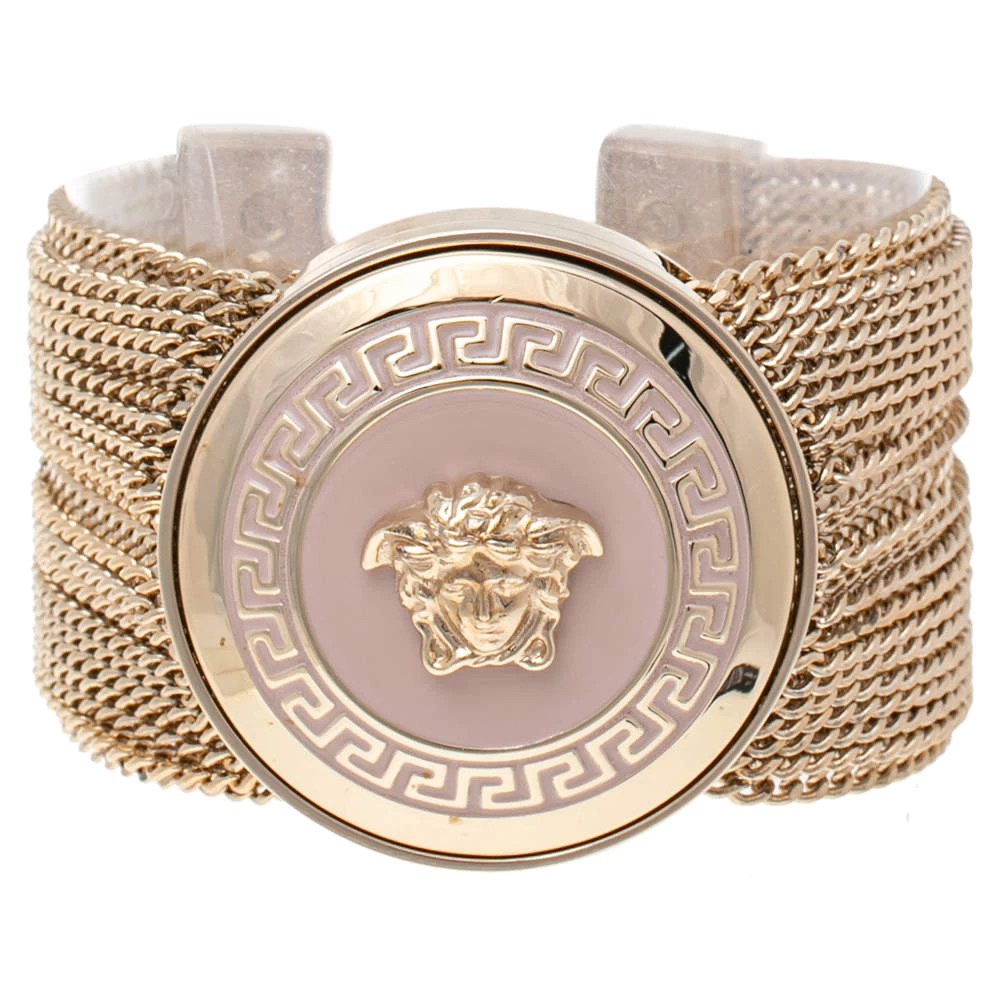 Versace Pink Enamel Medusa Icon Gold Tone Multi Strand Vanitas Bracelet For Women