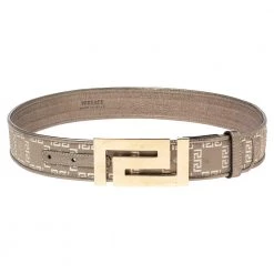 Versace Metallic Grey Signature Fabric And Leather Trim Greca Buckle Belt 80CM For Women