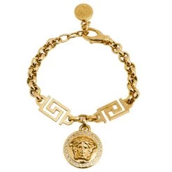 Versace Gold Tone Crystal Medusa Charm Bracelet For Women