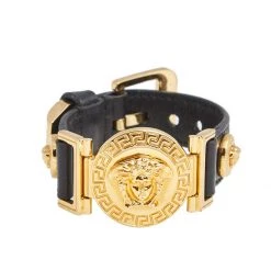 Versace Black Leather Gold Tone Medusa Icon Bracelet For Women