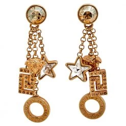 Versace Gold Tone Crystal Star & Medusa Drop Earrings For Women