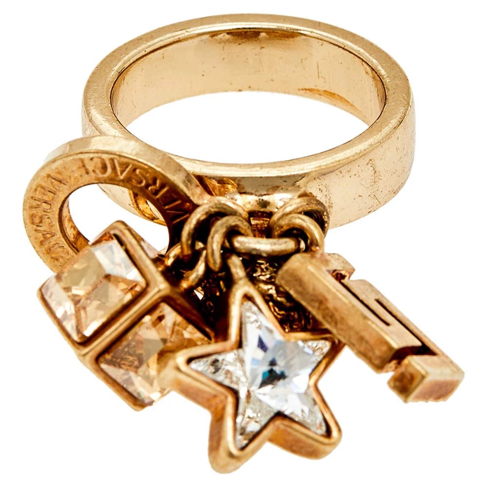Versace Gold Tone Star & Medusa Charms Ring Size EU 57 For Women - Image 5