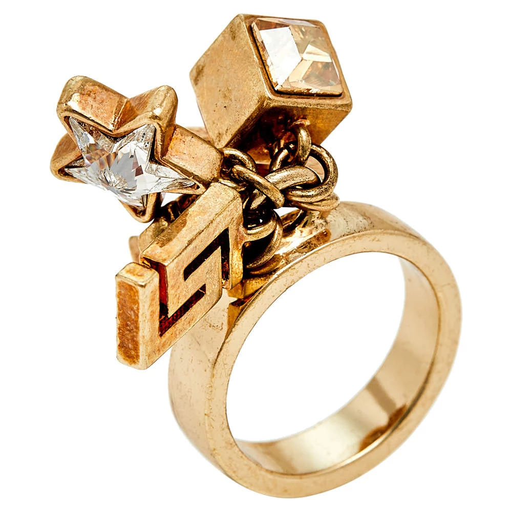 Versace Gold Tone Star & Medusa Charms Ring Size EU 57 For Women