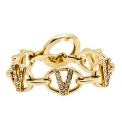Versace V Gold Tone Metal And Crystal Bracelet For Women