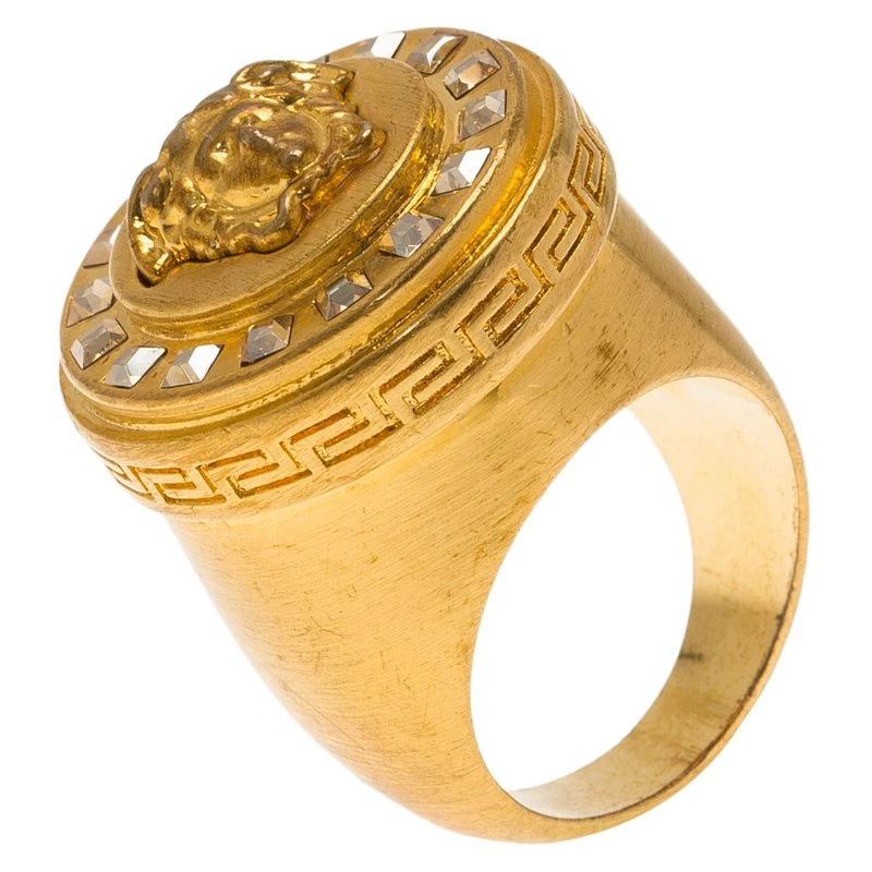 Versace Icon Medusa Crystal Studded Gold Tone Ring Size 54 For Women