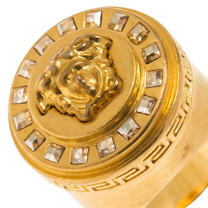 Versace Icon Medusa Crystal Studded Gold Tone Ring Size 54 For Women - Image 4
