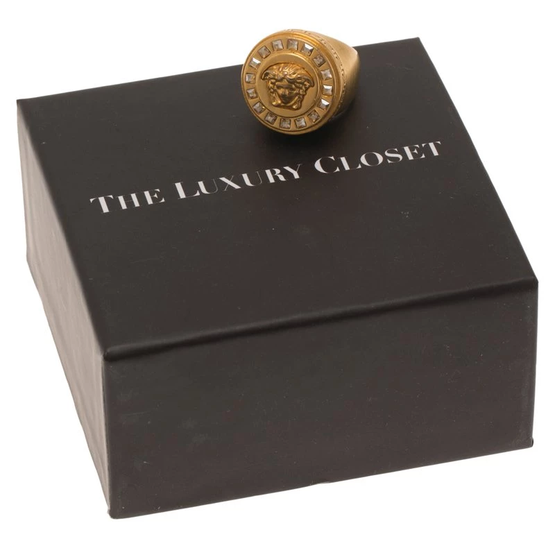 Versace Icon Medusa Crystal Studded Gold Tone Ring Size 54 For Women - Image 6