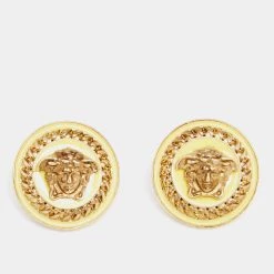 Versace Gold Tone Medusa Enamel Gold Tone Metal Stud Earrings For Women