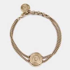 Versace Gold Tone Medusa Round Charm Double Chain Bracelet For Women