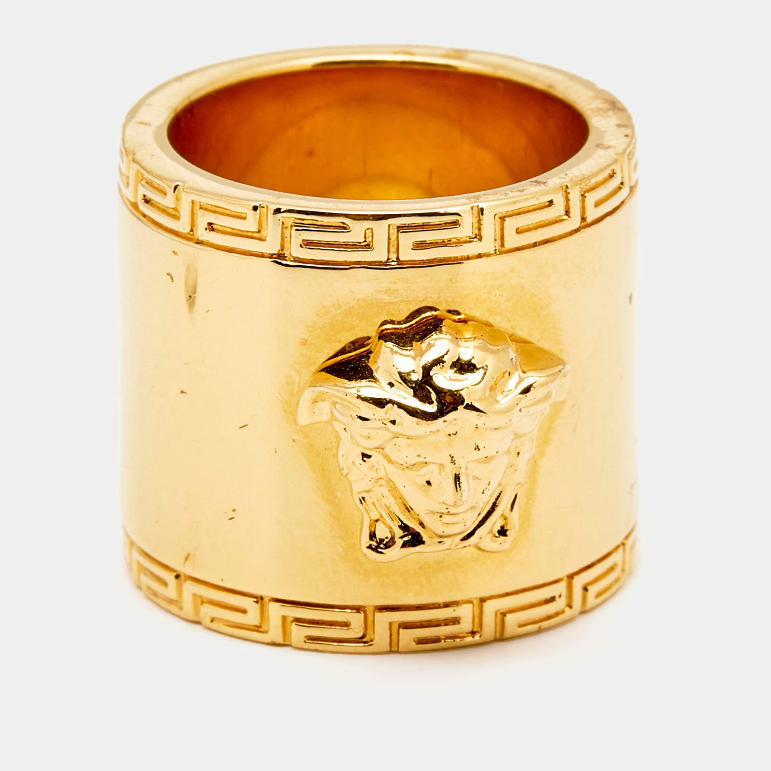 Versace Medusa Greek Key Gold Tone Metal Wide Band Ring Size 55 For Women - Image 2