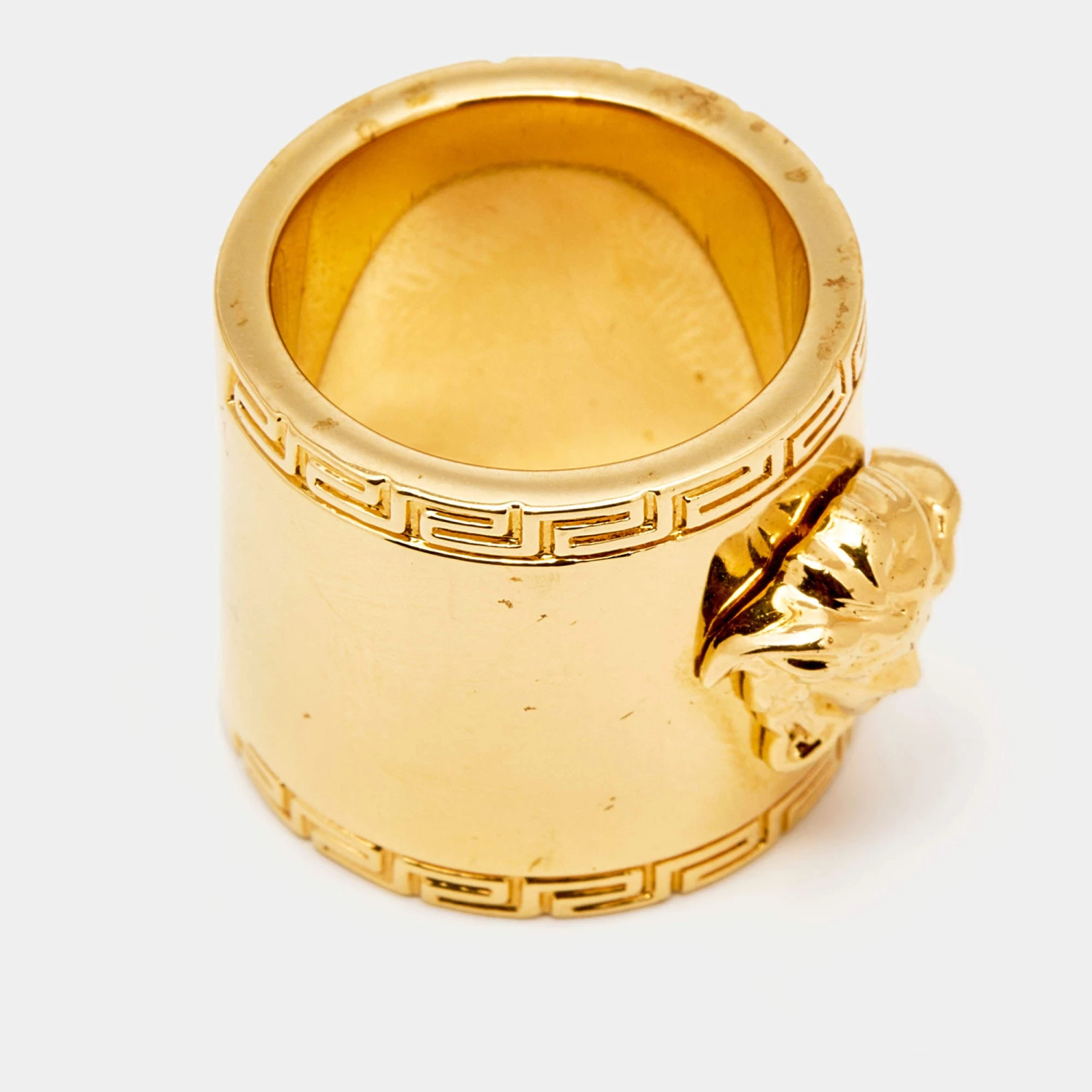 Versace Medusa Greek Key Gold Tone Metal Wide Band Ring Size 55 For Women - Image 4
