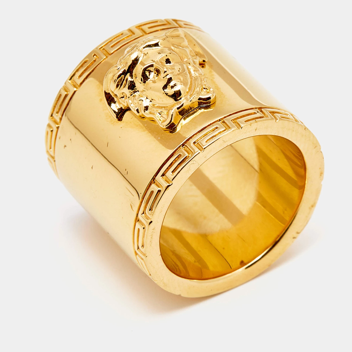 Versace Medusa Greek Key Gold Tone Metal Wide Band Ring Size 55 For Women - Image 3
