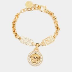 Versace Gold Tone Greca Crystal Embellished Icon Medusa Bracelet For Women