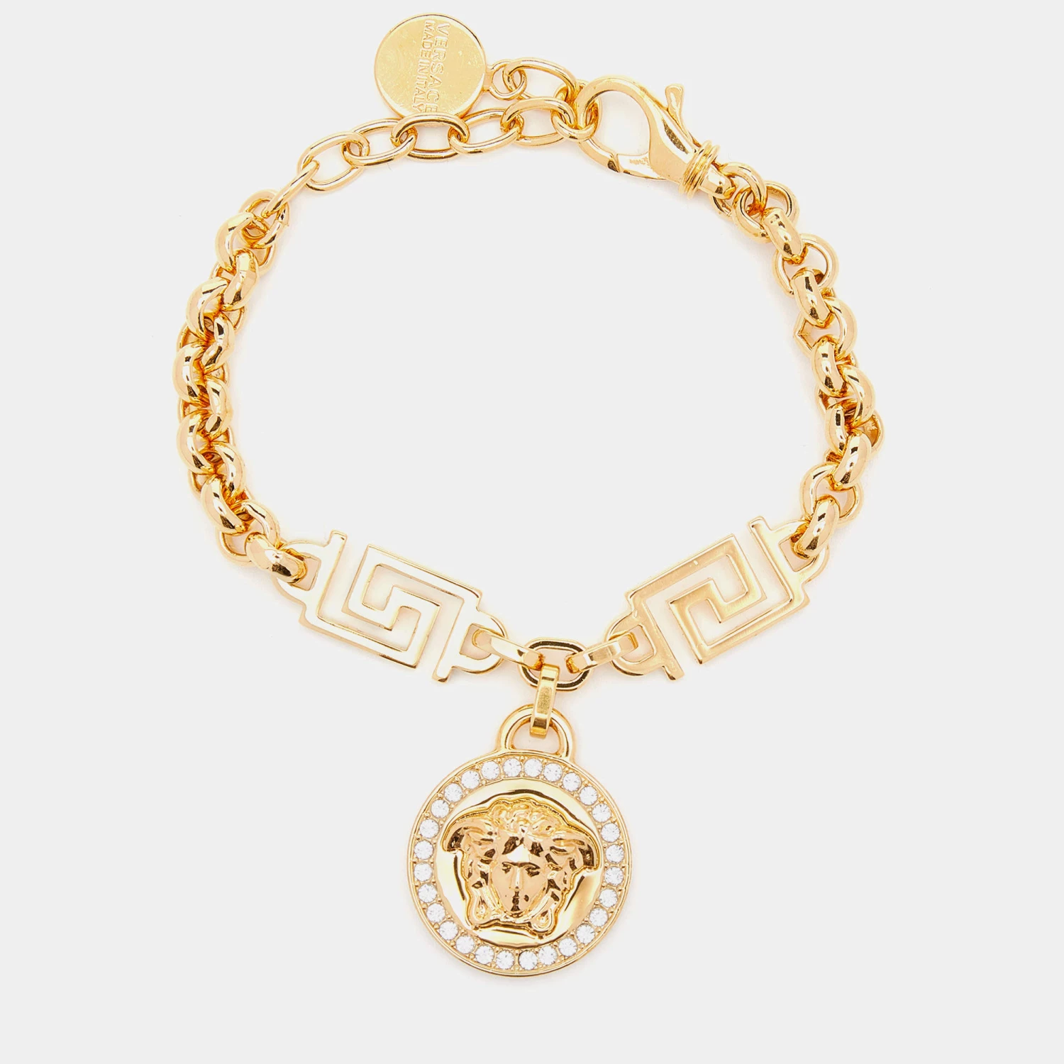 Versace Gold Tone Greca Crystal Embellished Icon Medusa Bracelet For Women