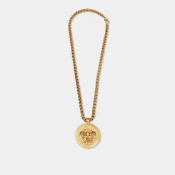 Versace Medusa Logo Medallion Gold Tone Chunky Pendant Necklace For Women
