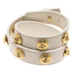 Versace Icon Medusa Stud Gold Tone White Leather Wrap Bracelet For Women