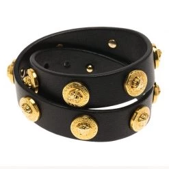 Versace Icon Medusa Stud Gold Tone Black Leather Wrap Bracelet For Women