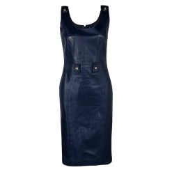 Versace Navy Blue Logo Detail Sleeveless Leather Dress S For Women