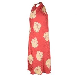 Versace Classic Vintage Orange Floral Print Buckle Detail Draped Halter Dress L For Women