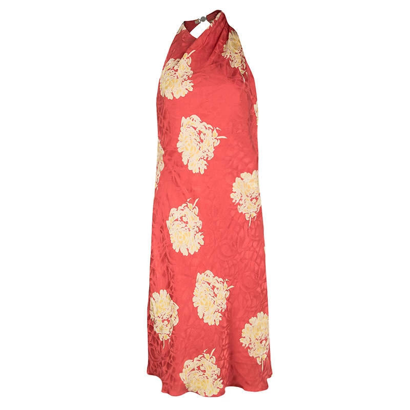 Versace Classic Vintage Orange Floral Print Buckle Detail Draped Halter Dress L For Women