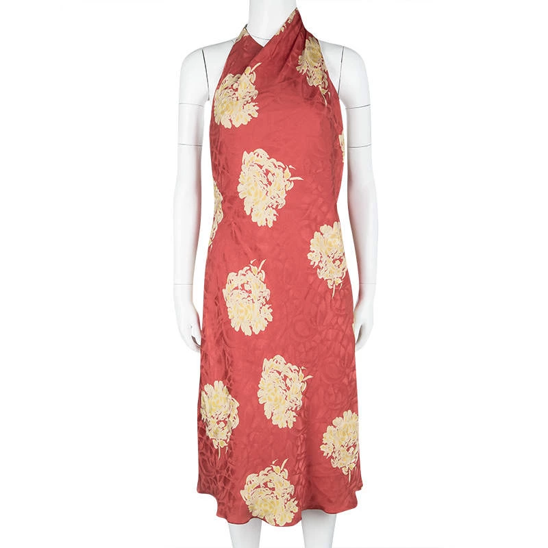 Versace Classic Vintage Orange Floral Print Buckle Detail Draped Halter Dress L For Women - Image 2