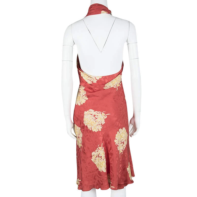 Versace Classic Vintage Orange Floral Print Buckle Detail Draped Halter Dress L For Women - Image 3