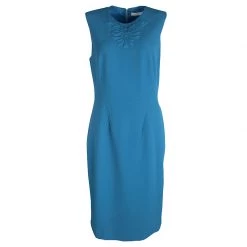 Versace Collection Blue Embossed Sleeveless Sheath Dress M For Women
