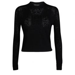 Versace Black Greco Perforated Knit Long Sleeve Crop Top M For Women