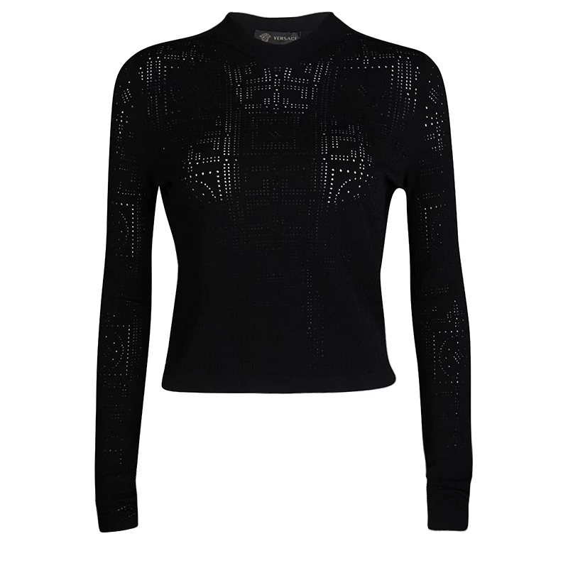 Versace Black Greco Perforated Knit Long Sleeve Crop Top M For Women