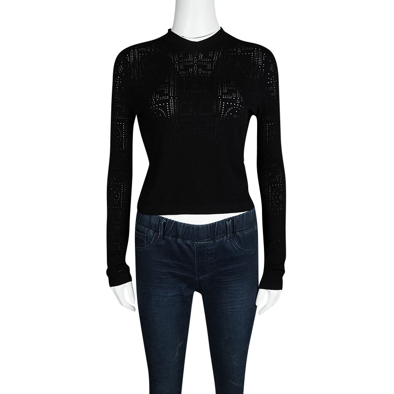 Versace Black Greco Perforated Knit Long Sleeve Crop Top M For Women - Image 2