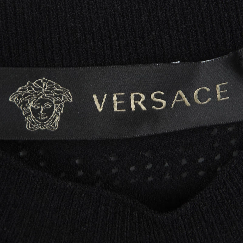Versace Black Greco Perforated Knit Long Sleeve Crop Top M For Women - Image 5
