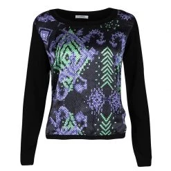 Versace Collection Black Knit Printed Silk Panel Detail Long Sleeve Top M For Women