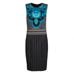 Versace Black And Blue Medusa Print Pinstriped Sleeveless Dress M For Women