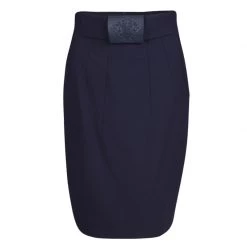 Versace Navy Blue Wool Medusa Leather Patch Detail Pencil Skirt M For Women