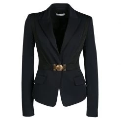 Versace Collection Navy Blue Contrast Panel Buckle Detail Blazer S For Women